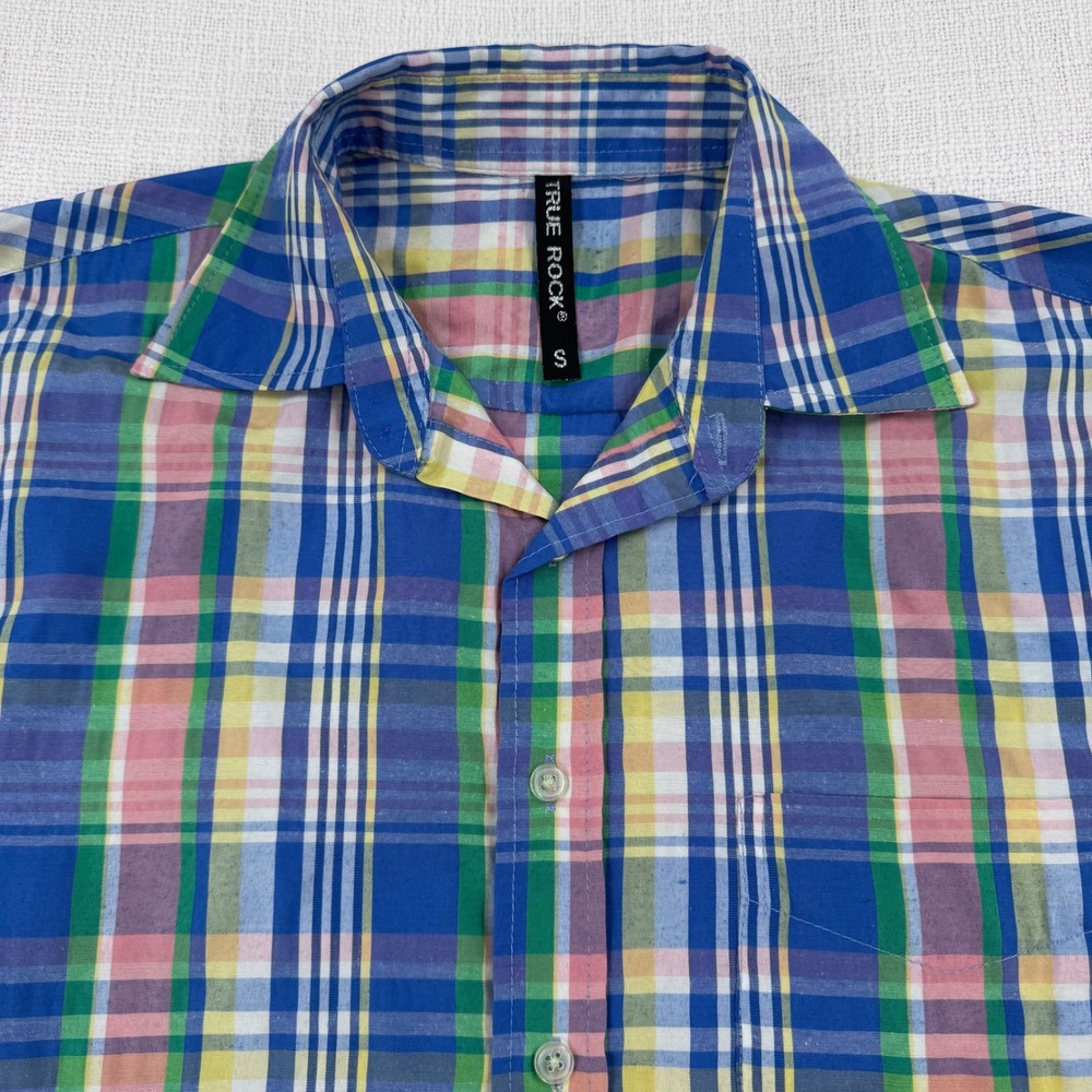 True Rock Men Small Plaid Button Front Shirt Blue Pink Yellow Check Short Sleeve